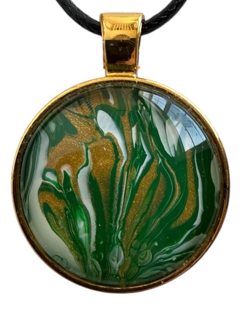 Hand Crafted Necklace Green and Gold Fluid Art Pendant by Svetlana Yeung
